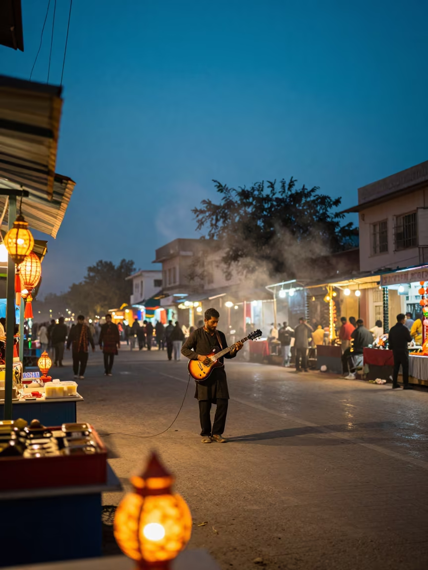 Steel Guitar Busker at Srinagar Twilight Corner in at a street corner busking spot in Srinagar