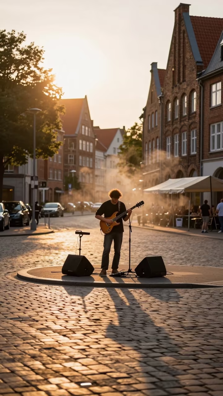Steel Guitarist Busking in Lubeck Evening Light in at a street corner busking spot in Lubeck