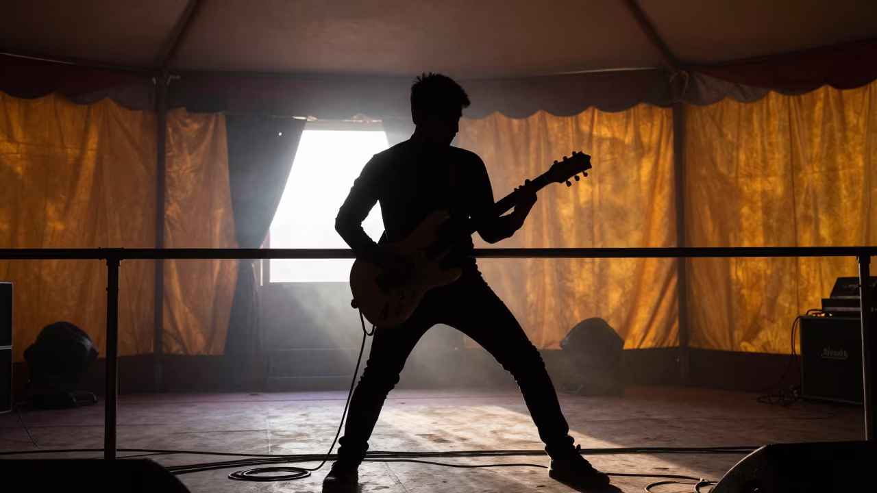 Steel Guitarist Silhouette Under Circus Tent in under a circus tent in Ludhiana