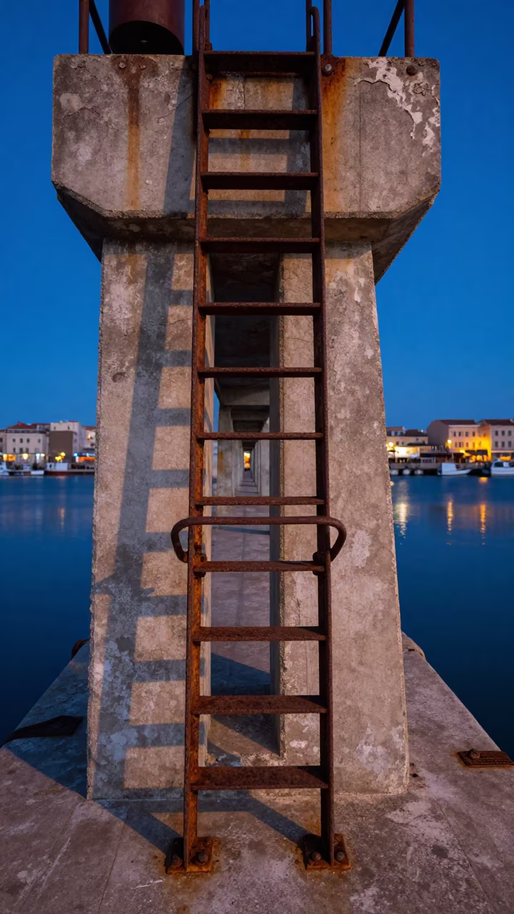 Steel Ladder on Bridge Pier Harbor Winter in beside a bridge pier above moving water in Sardinia