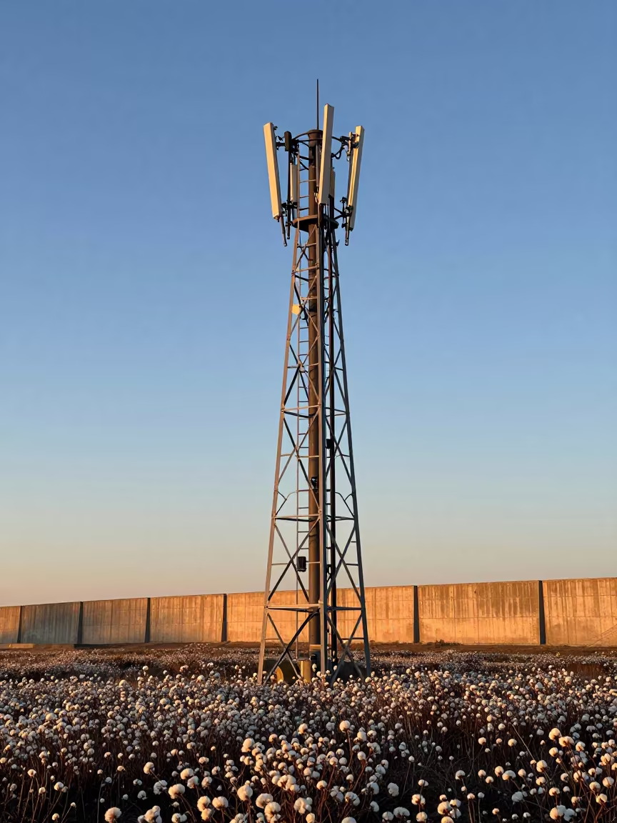Steel Ladder Cage Rises from Bog Cotton in Montana in beside a storm surge barrier in Montana