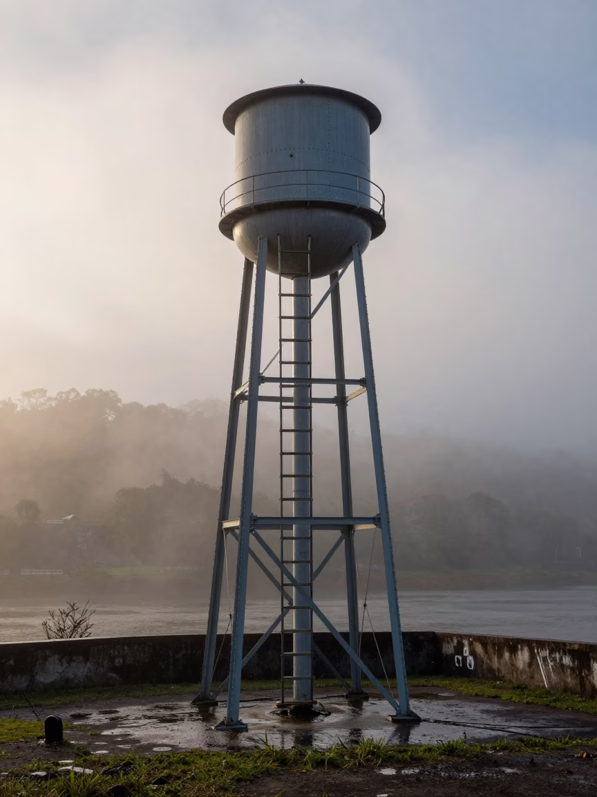 Steel Ladder Rising Through Mist at Guatemala Dam in along a dam spillway in Guatemala