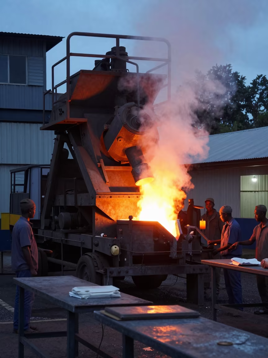 Steel Ladle Car Molten Metal Dawn Toamasina in along a food-processing floor with sorting tables in Toamasina