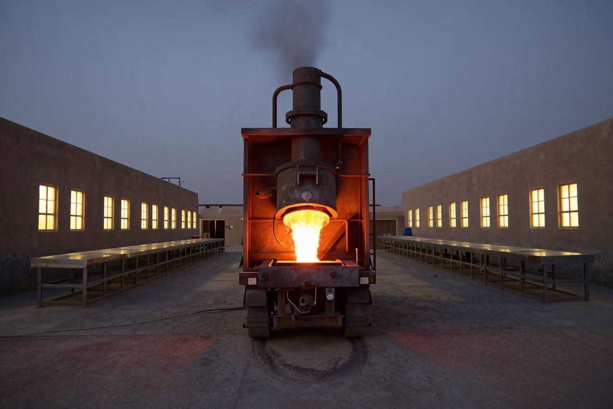 Steel Ladle Car Night in Riyadh Mill in along a food-processing floor with sorting tables in Riyadh
