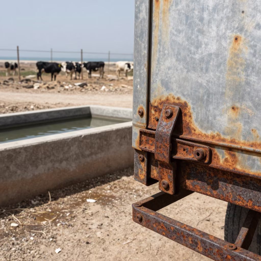 Steel Latch Pin on Stock Trailer Near Water Trough in near a windbreak and water trough in Syria