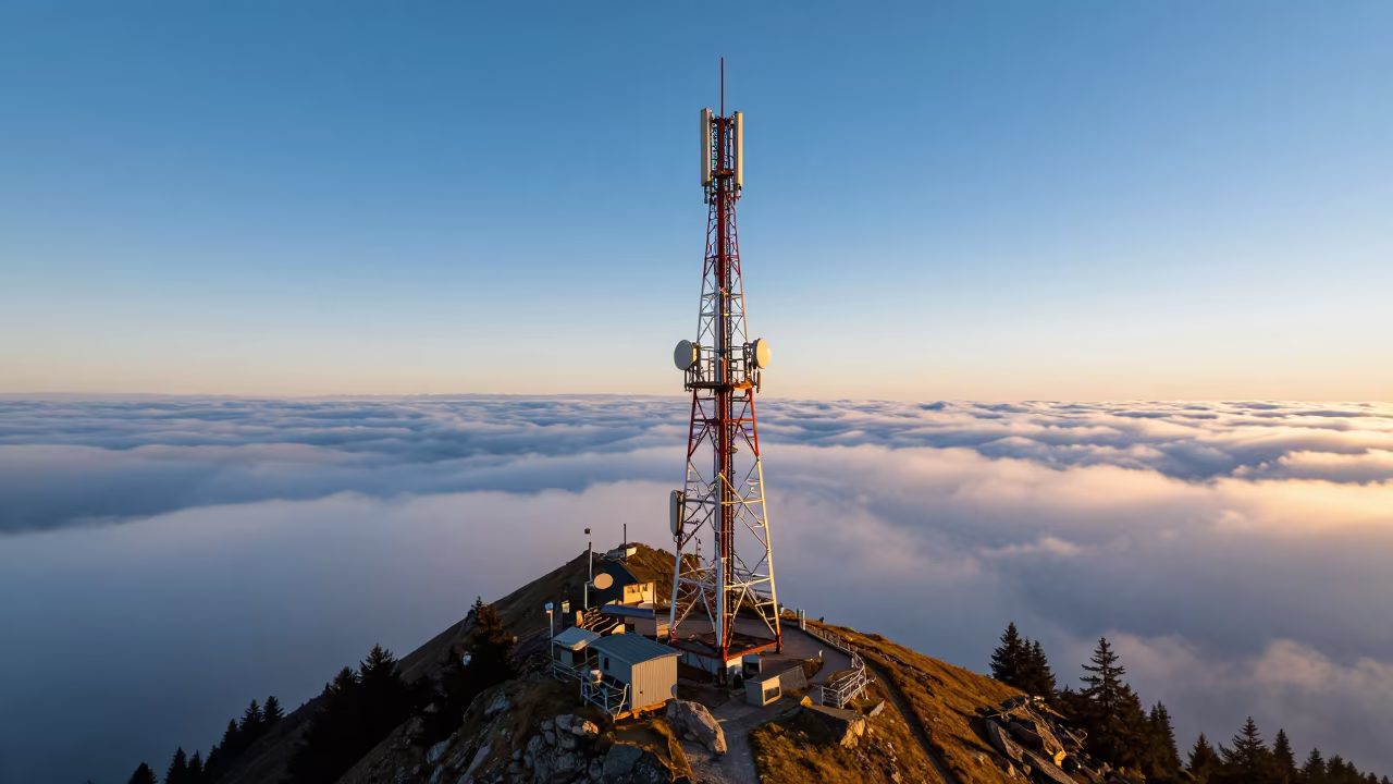 Steel Mast Platform Over Clouds in Winter Austria in at a canal lock chamber in Austria