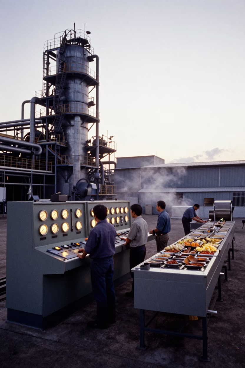 Steel Mill Control Room Operators Dawn in along a food-processing floor with sorting tables near Okayama