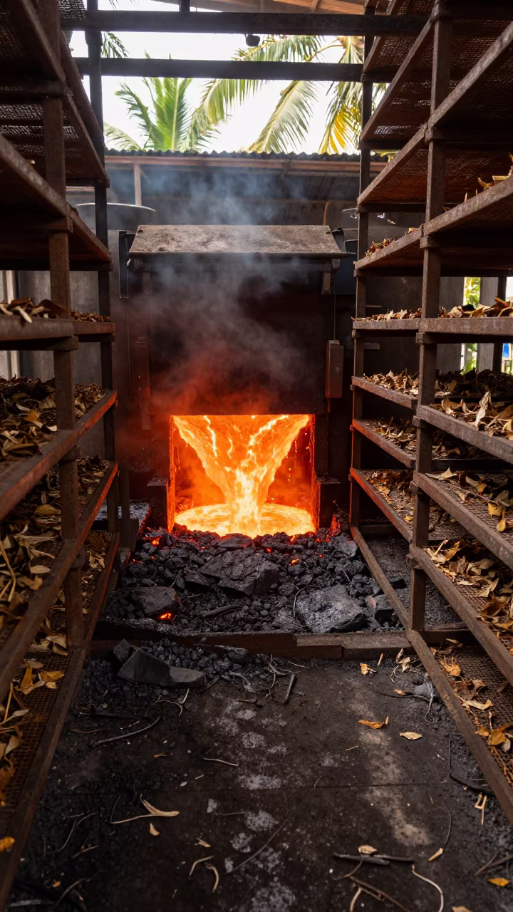 Steel Mill Floor Glowing Orange in Leaf Drying Room in inside a leaf-drying room lined with mesh trays in Belem