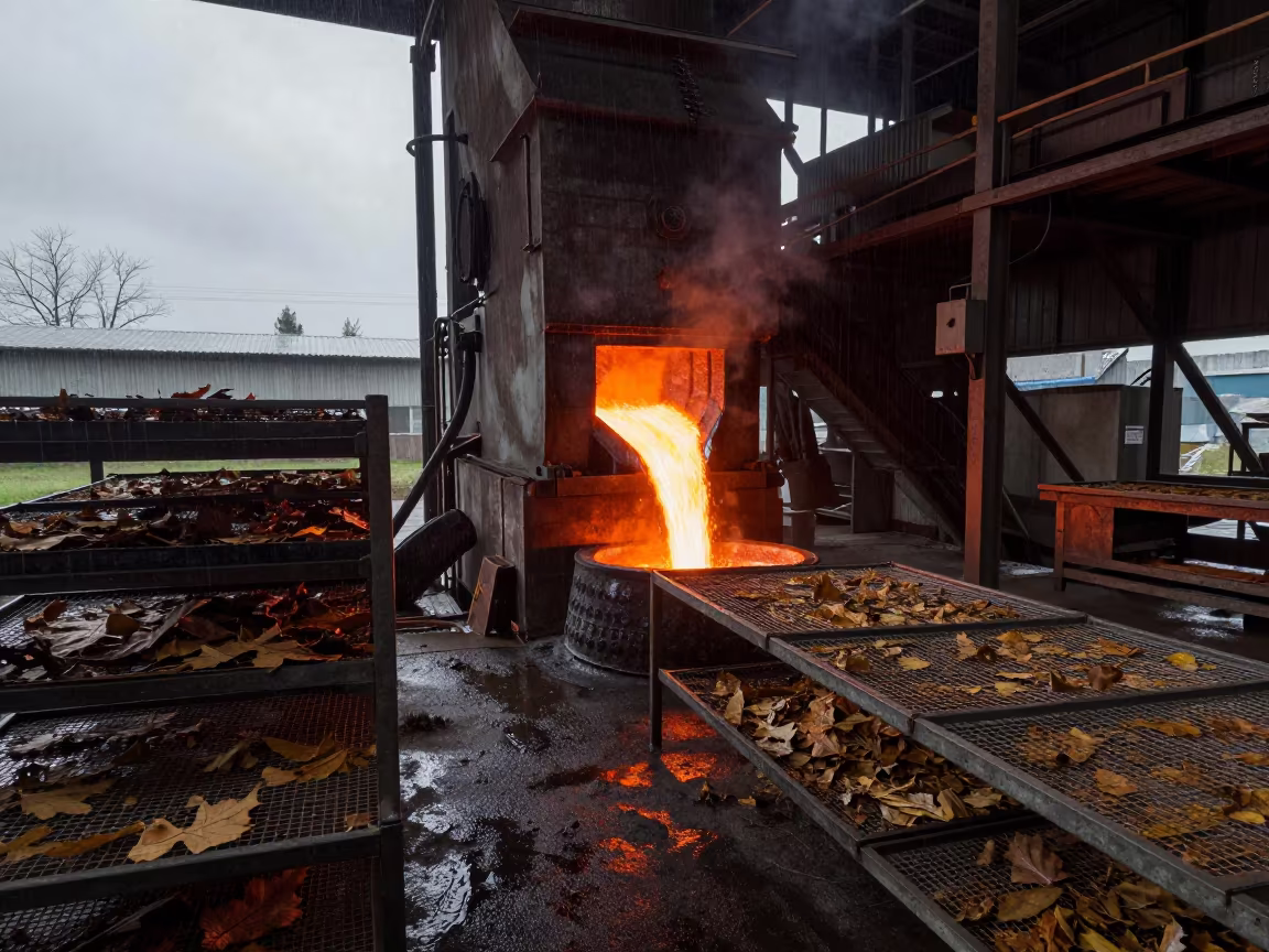 Steel Mill Molten Metal Pouring El Limón in inside a leaf-drying room lined with mesh trays in El Limón