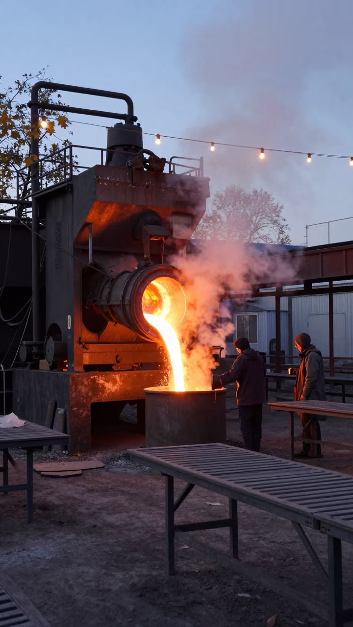 Steel Mill Molten Metal Pouring Evening Glow in along a food-processing floor with sorting tables near Kramatorsk