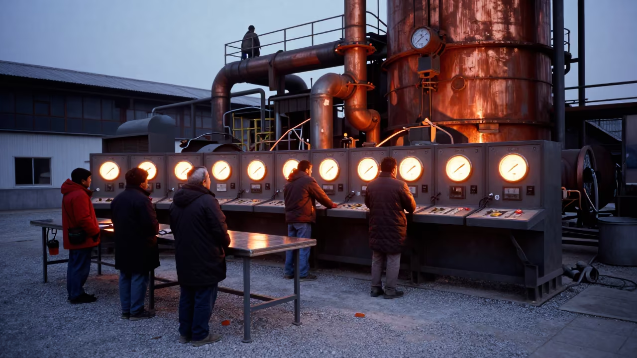 Steel Mill Operators Watch Gauges in Winter Nepal in along a food-processing floor with sorting tables in Nepal