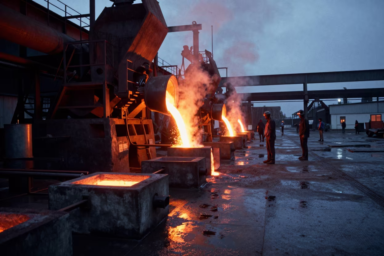 Steel Mill Pouring Iron Before Dusk Monsoon in along a food-processing floor with sorting tables near Thies
