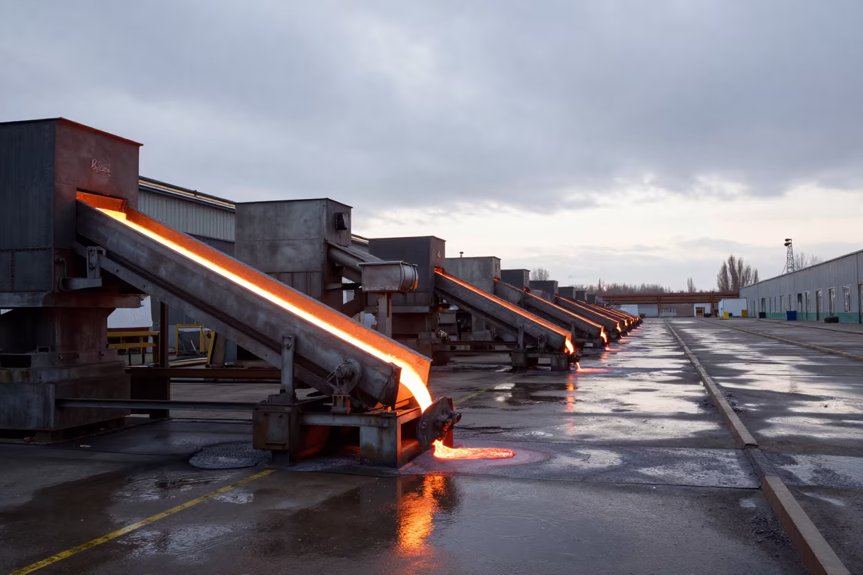 Steel Mill Pouring Molten Metal in Russian Far East in inside a packing hall with stainless conveyors in the Russian Far East