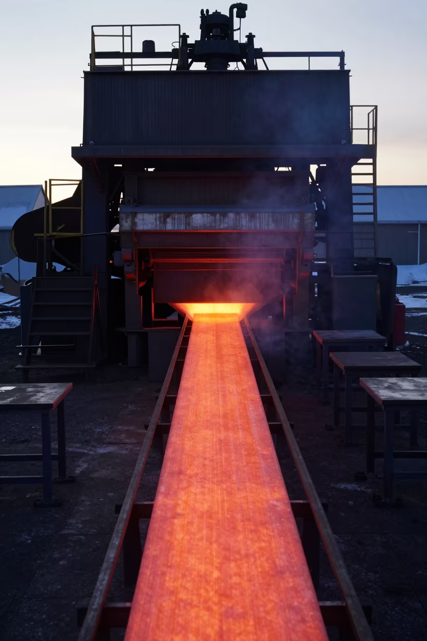 Steel Mill Silhouette Winter Evening Iceland in along a food-processing floor with sorting tables in Iceland