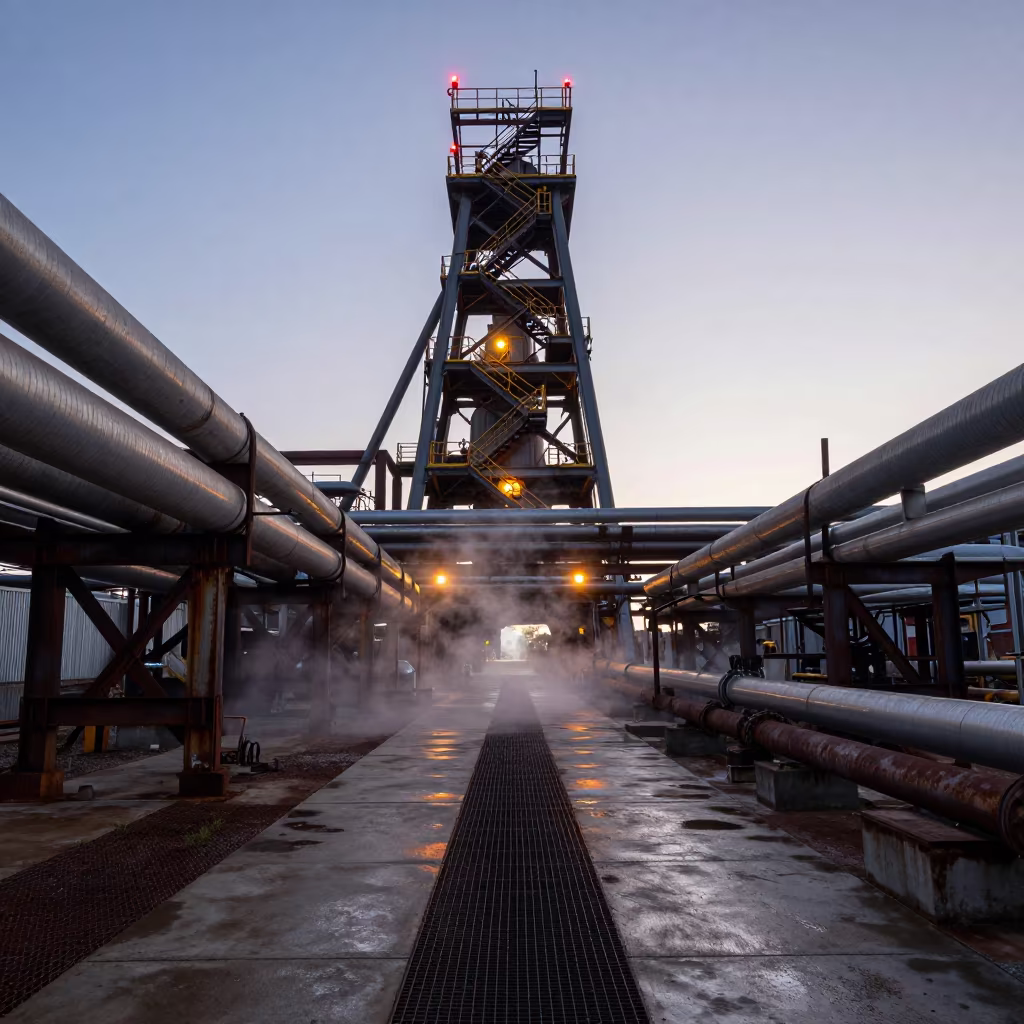 Steel Mill Stair Tower Under Red Warning Lamps in along a service road lined with pipes in South Carolina