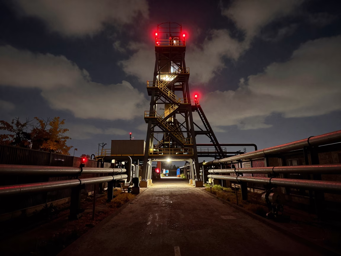 Steel Mill Tower Night Rim Light in along a service road lined with pipes near Charsadda