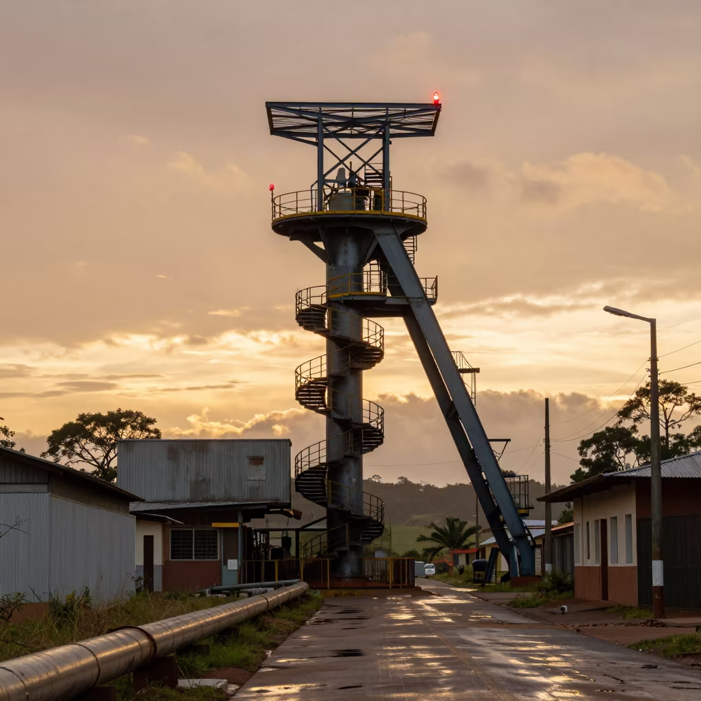 Steel Mill Tower Red Lamps Golden Hour Minas Gerais in along a service road lined with pipes in Minas Gerais