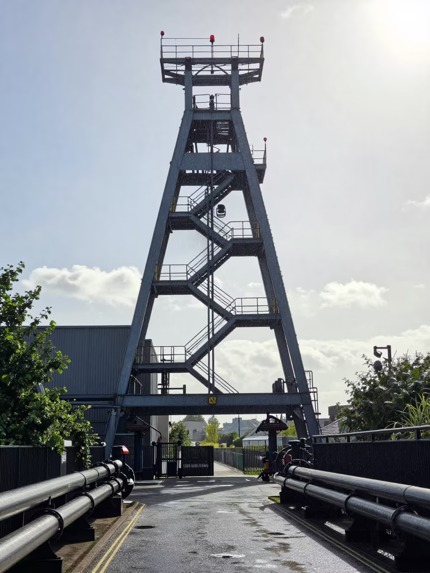 Steel Mill Tower Red Lamps London Drizzle in along a service road lined with pipes near Marylebone, London