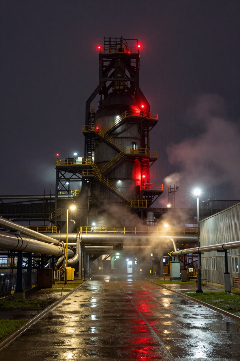 Steel Mill Tower with Red Lamps at Night in along a service road lined with pipes in Latvia