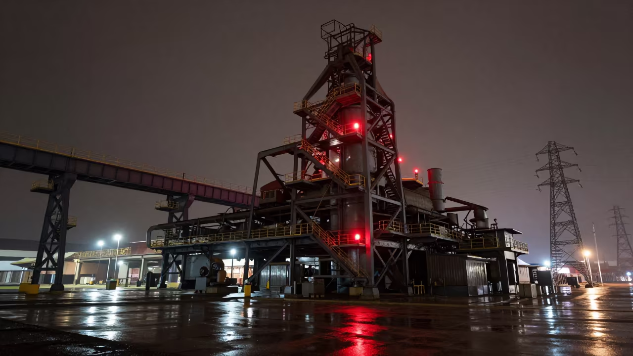 Steel Mill Tower Red Lights Night Ziguinchor in under gantries and utility towers near Ziguinchor