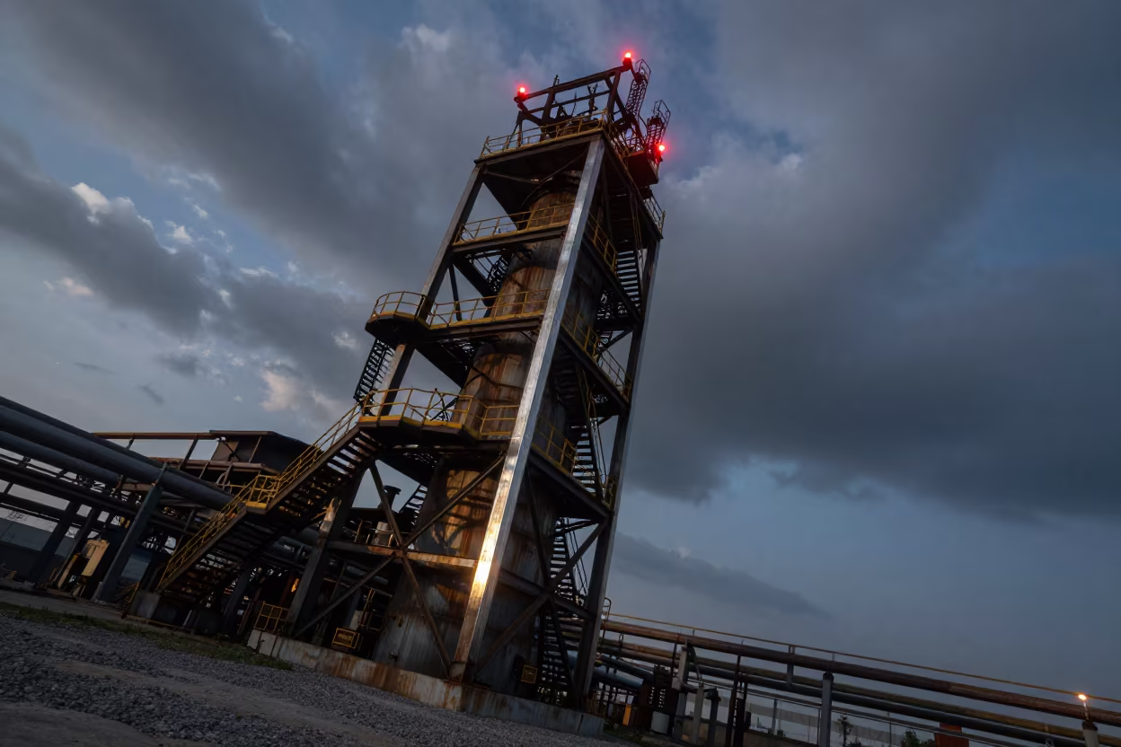 Steel Mill Tower Under Red Warning Lights in across an active works site in China