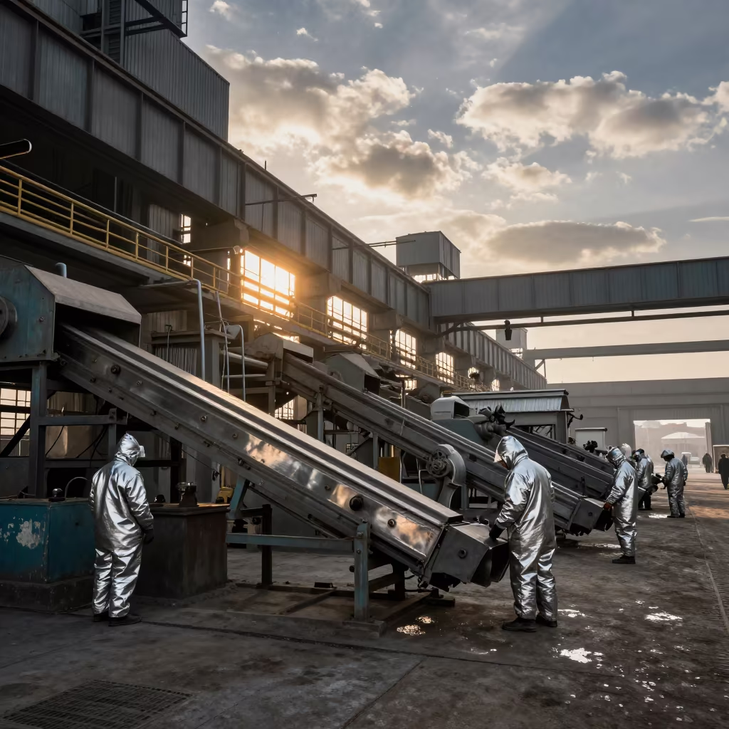 Steel Mill Workers in Golden Winter Light in inside a packing hall with stainless conveyors in Quetta