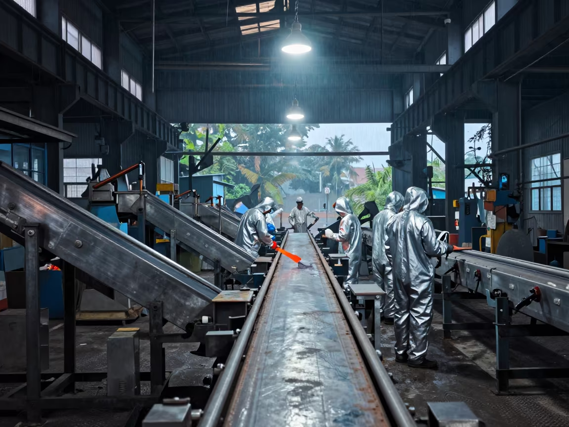 Steel Mill Workers in Silver Heat Suits in inside a packing hall with stainless conveyors near Madurai