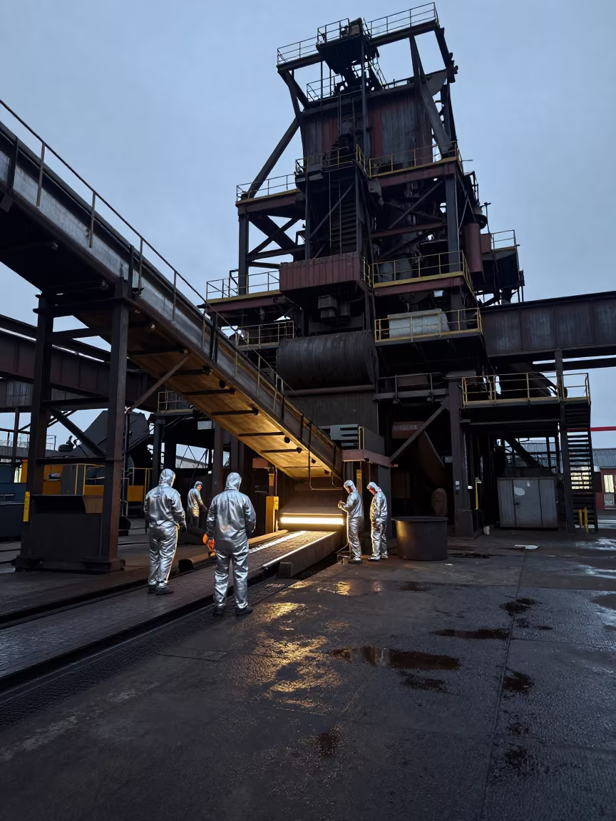 Steel Mill Workers in Silver Suits at Twilight in inside a packing hall with stainless conveyors near Doncaster