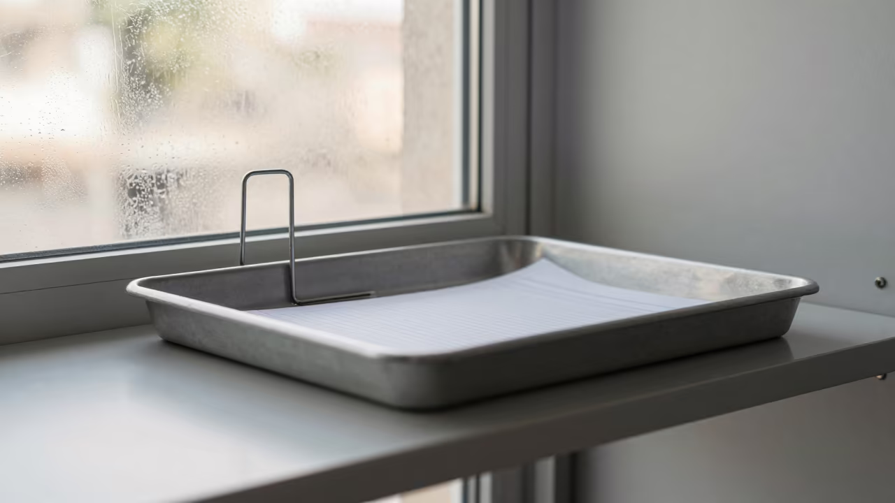 Steel Office Tray Receipt Spike Before Sunrise in on a workshop shelf near Benghazi