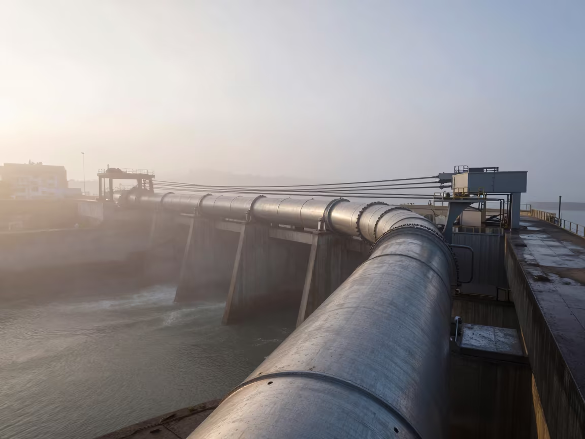 Steel Penstock Bend at Dawn Mist in beside a hydroelectric intake in Cordoba