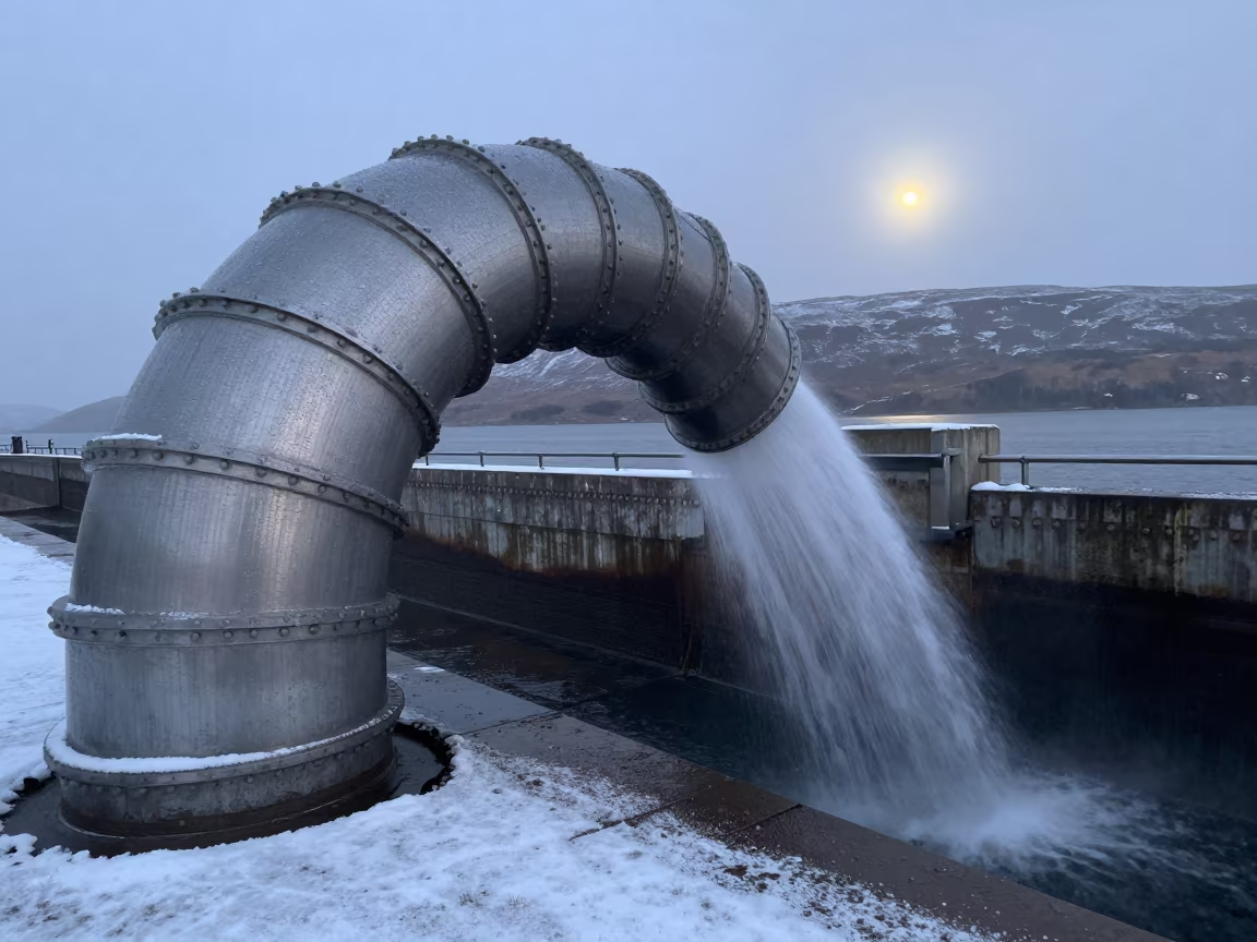 Steel Penstock Bend Wrapped in Snowmelt Before Dawn in above a spillway chute with spray rising in the Scottish Isles