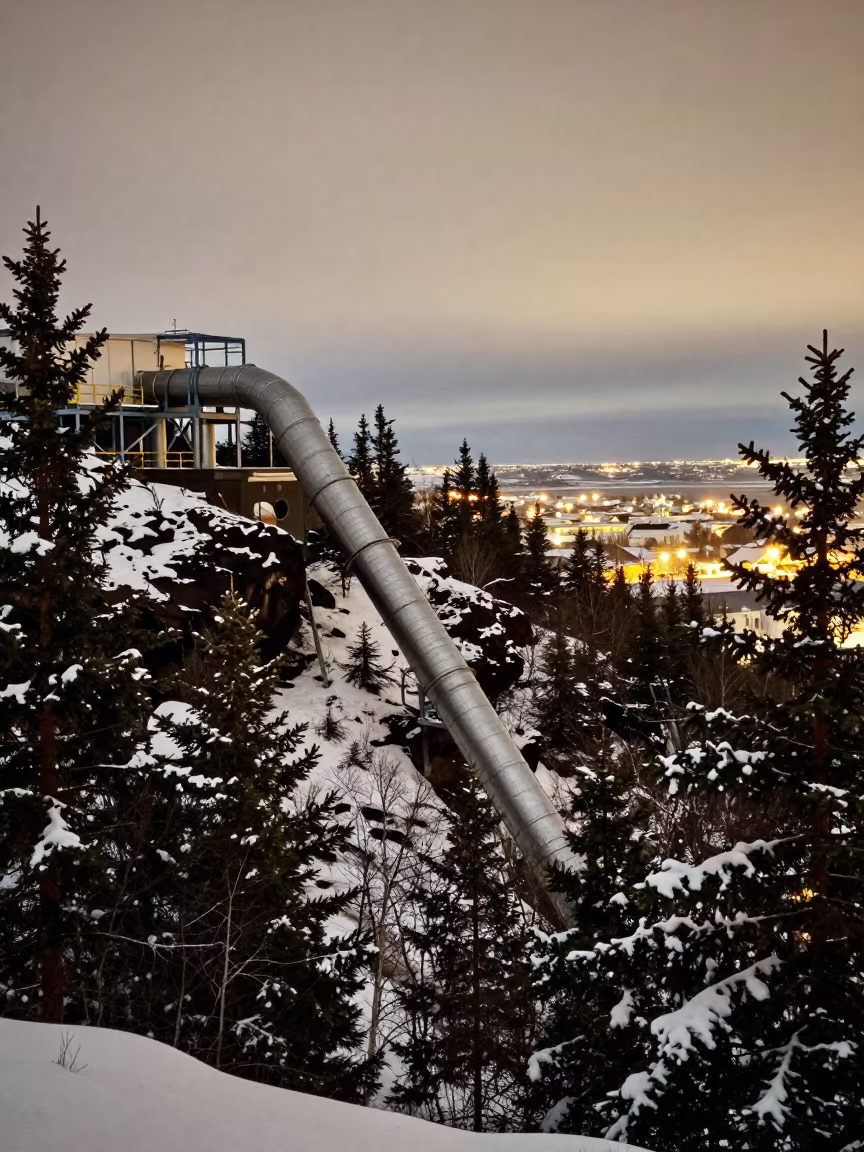 Steel Penstock Falls Through Snowy Conifers in along a dam spillway in Iceland