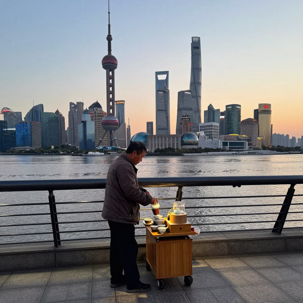 Steel Railing in Shanghai at The Still Hours Before Dawn Light in in Shanghai, China