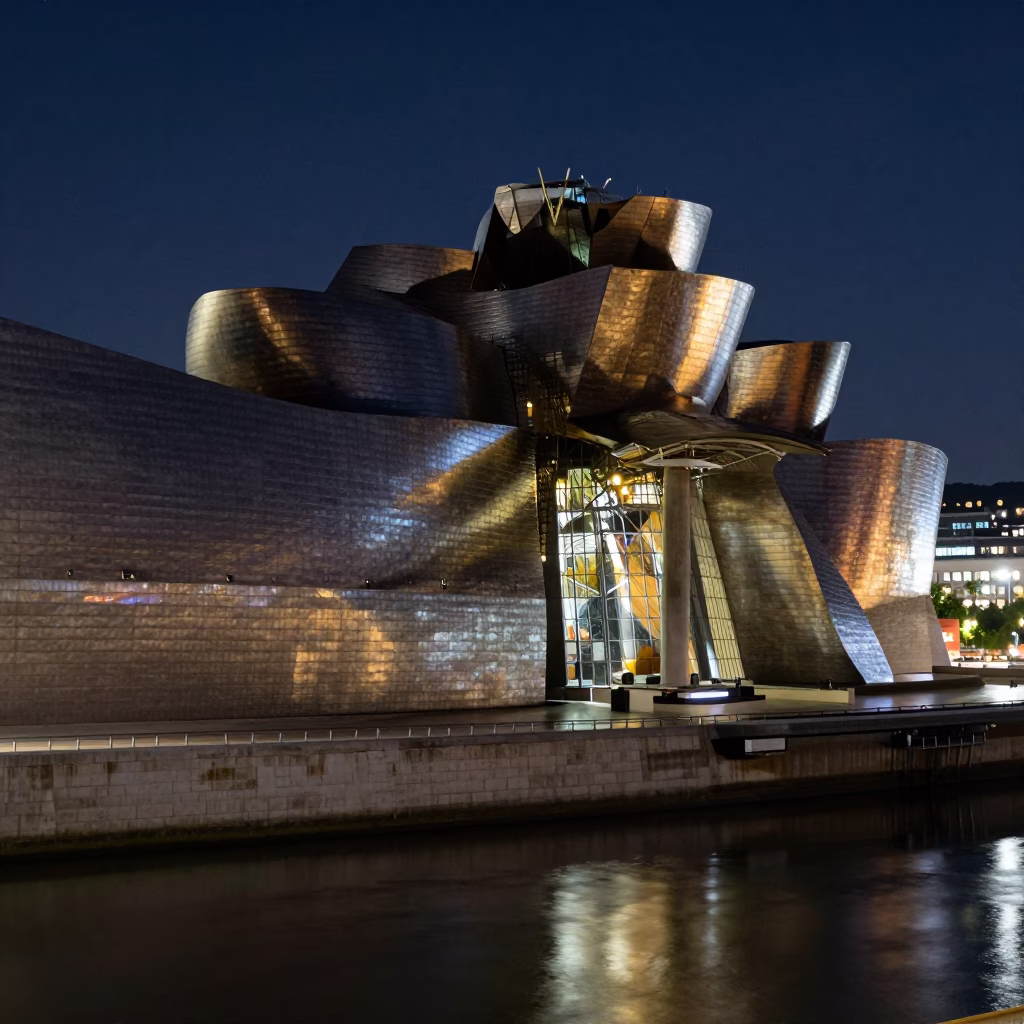 Steel Reflections in Bilbao at The Deepest Night Sky Light in in Bilbao, Spain