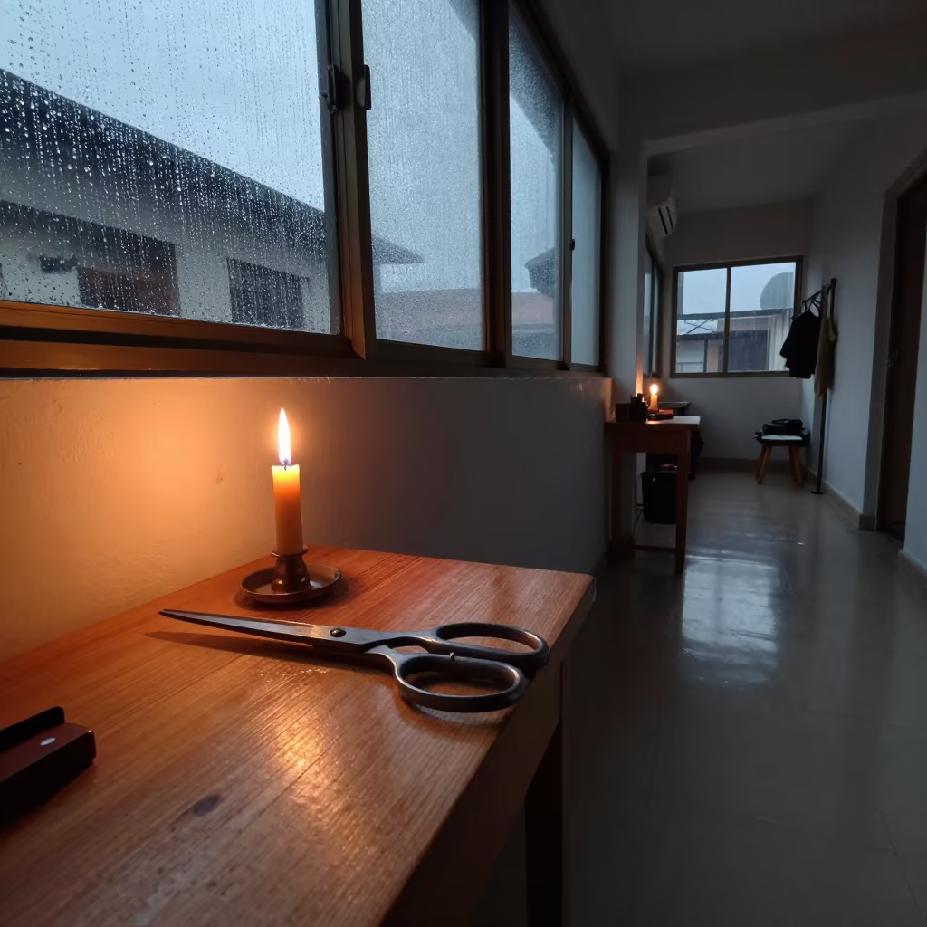Steel Scissors on Backstage Table in Monsoon Light in in a backstage changing corridor near Curitiba
