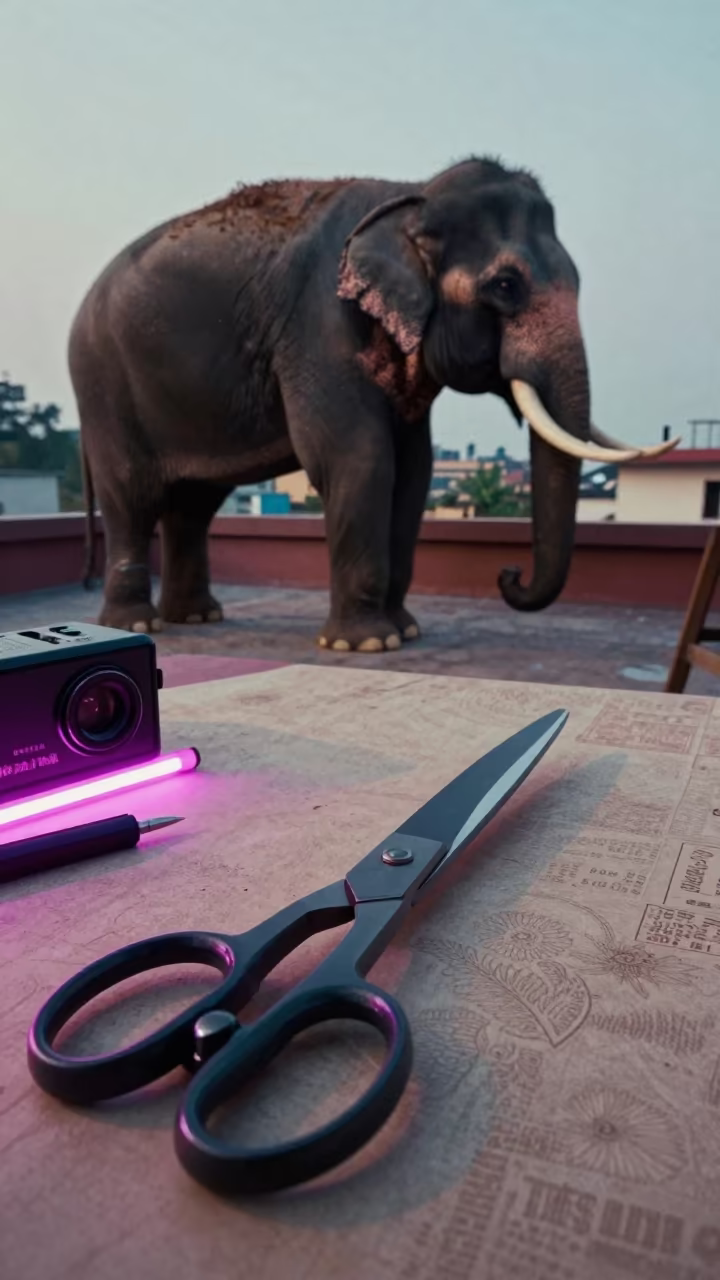 Steel Scissors and Elephant Rooftop Delhi in under runway rehearsal lights in Mehrauli, Delhi