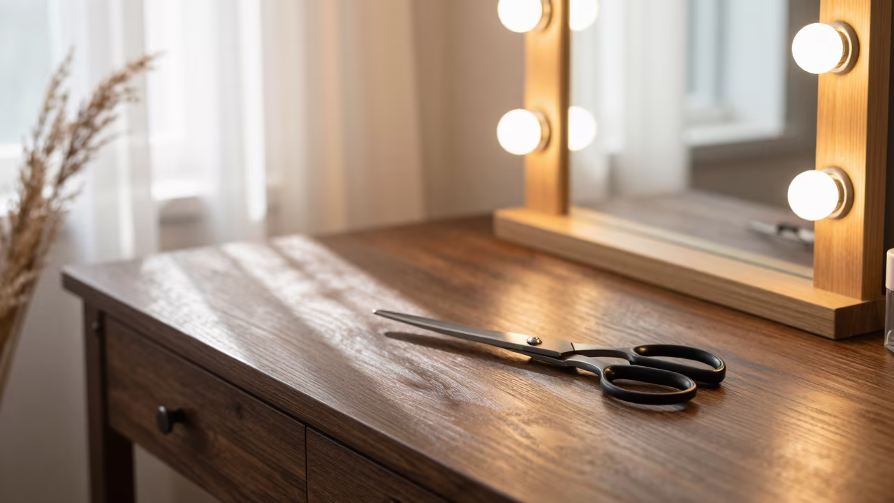 Steel Scissors on Tailor Table Before Dawn in beside a mirror lined with makeup bulbs near Chengdu