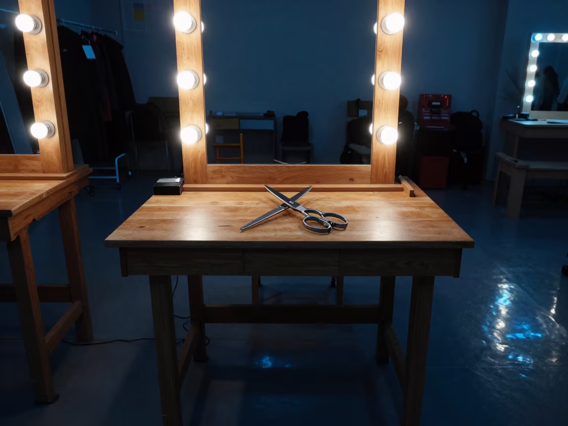 Steel Scissors on Tailor Table Blue Hour in beside a mirror lined with makeup bulbs in Tolyatti