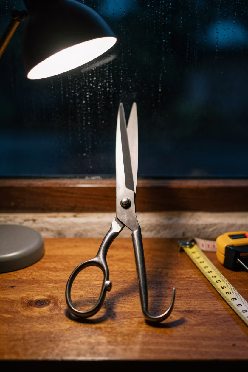 Steel Scissors on Tailor Table Midnight Zapopan in under runway rehearsal lights in Zapopan