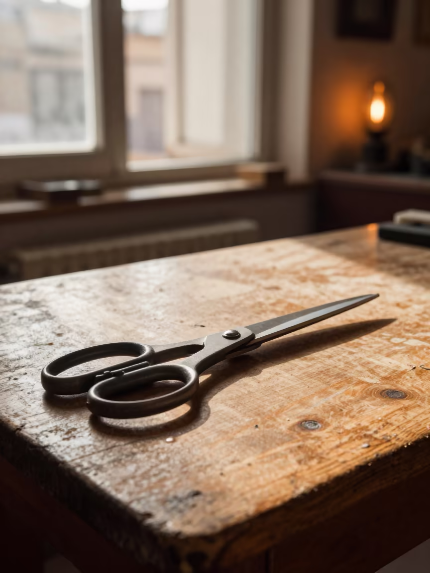 Steel Scissors on Tehran Tailor Table in under runway rehearsal lights in Tehran