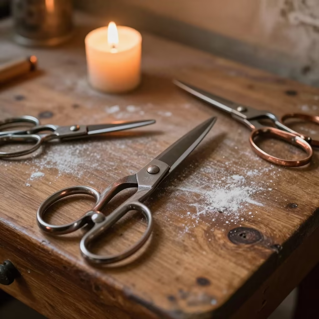 Steel Shears on Tailor Table in Herat in at a tailoring table strewn with chalk and shears in Herat