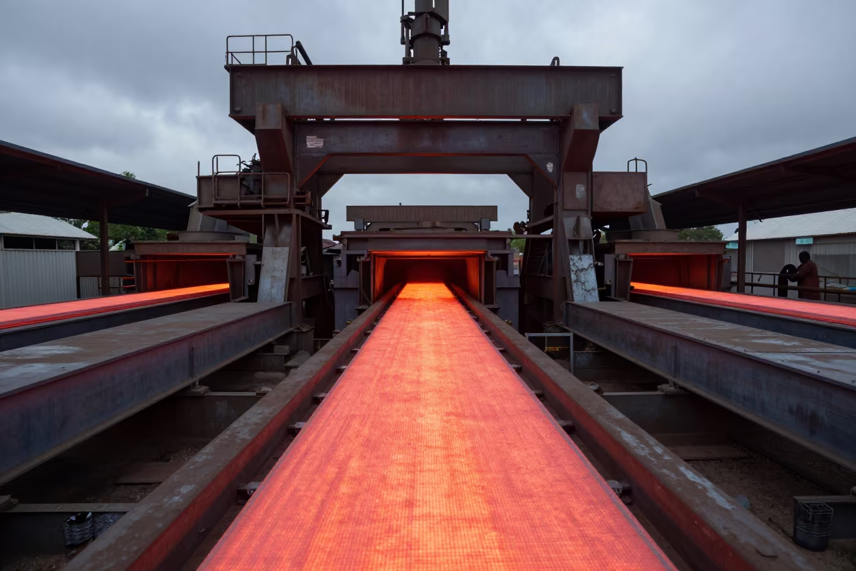 Steel Slabs Rolling in Sudan Packing Hall in inside a packing hall with stainless conveyors in Sudan