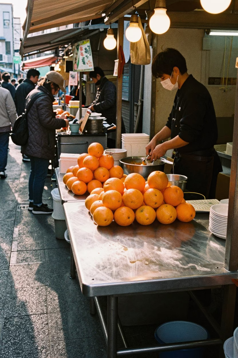 Steel Tabletop in Osaka at As First Light Reaches The Scene in in Osaka, Japan