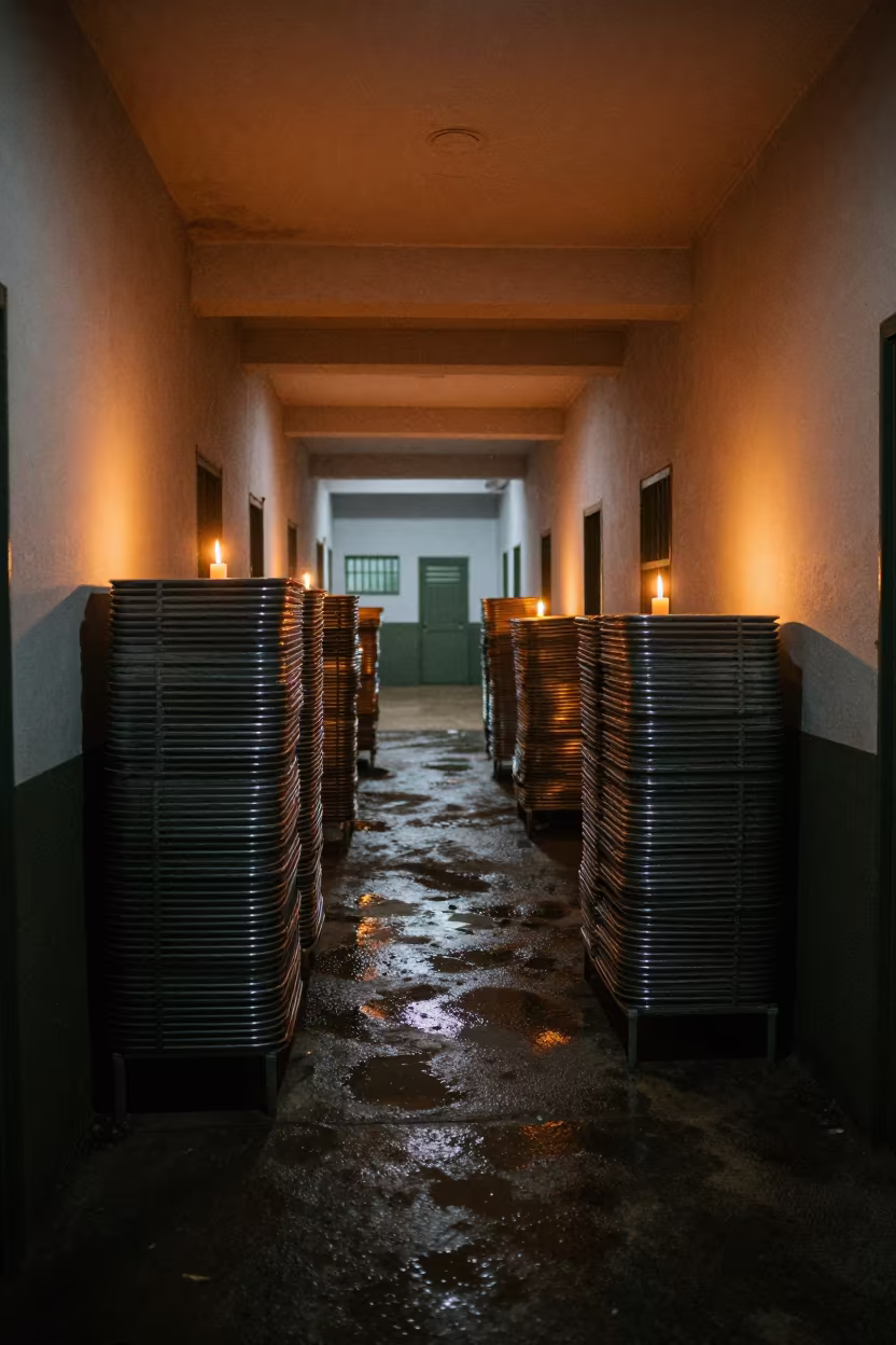 Steel Trays in Awka Mess Hall Before Dusk in inside a barracks corridor in Awka