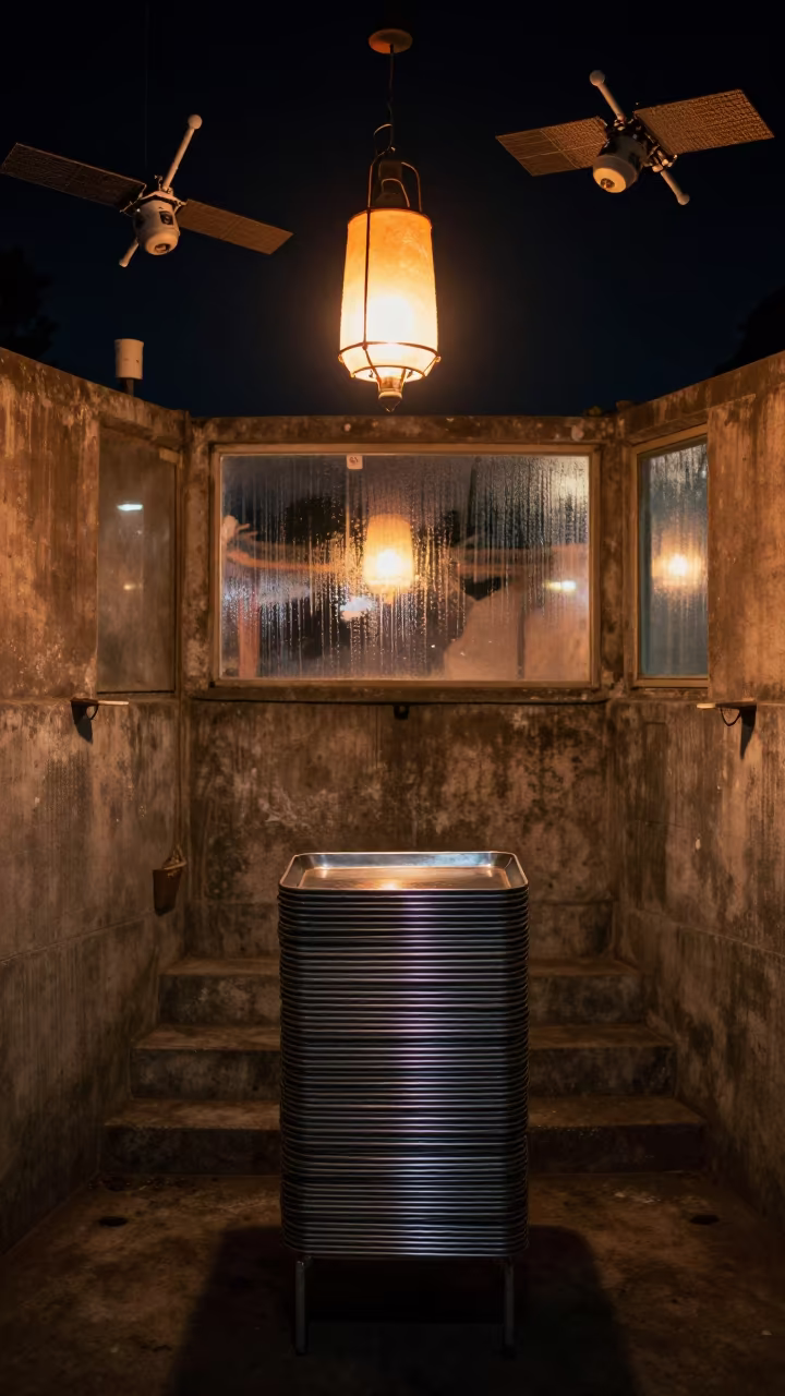 Steel Trays Under Floating Lanterns in Bunker in inside a bunker stairwell in Bauchi