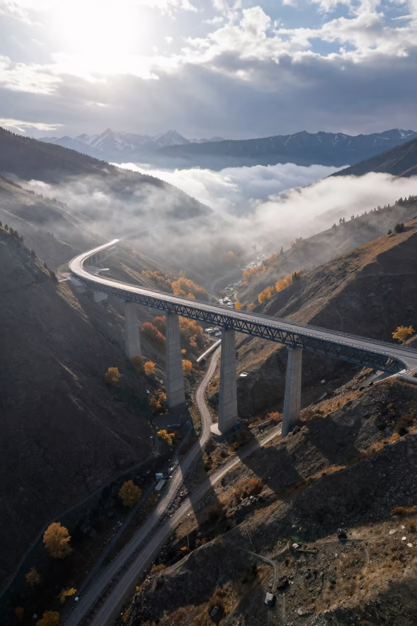 Steel Viaduct Crossing Fog Valley Almaty in under a viaduct of steel and concrete near Almaty