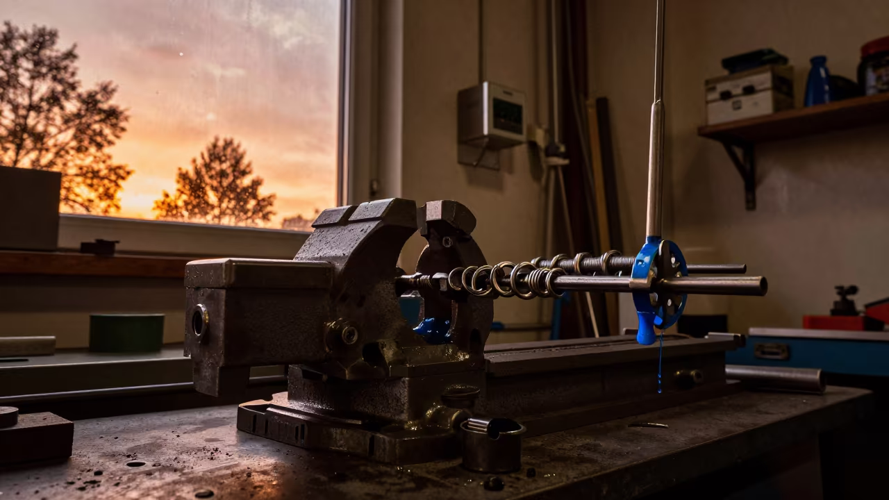 Steel Vise with Blue Oil and Curls in Amber Light in in a machine shop near Geneva