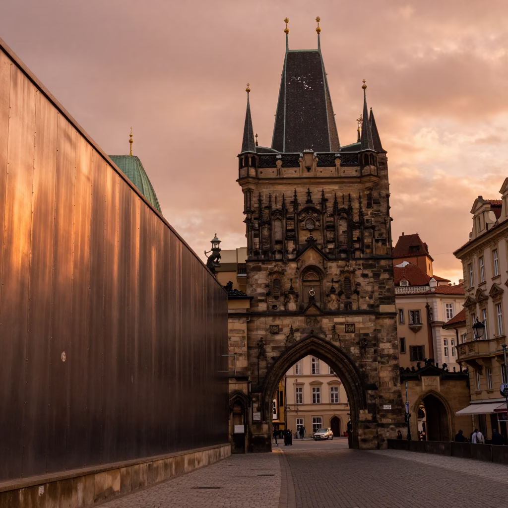 Steel Wall in Prague at Copper-toned Light Before Dusk in in Prague, Czech Republic