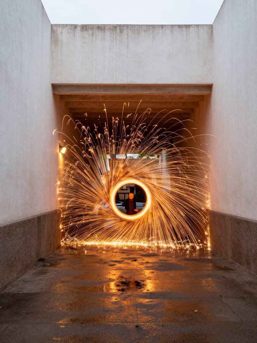 Steel Wool Sparks in Bordj Bou Arreridj Tunnel in inside a skylit passageway in Bordj Bou Arreridj
