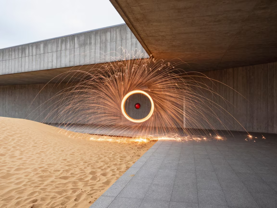 Steel Wool Sparks in Concrete Dune Lobby in inside a ribbed concrete lobby near Delft